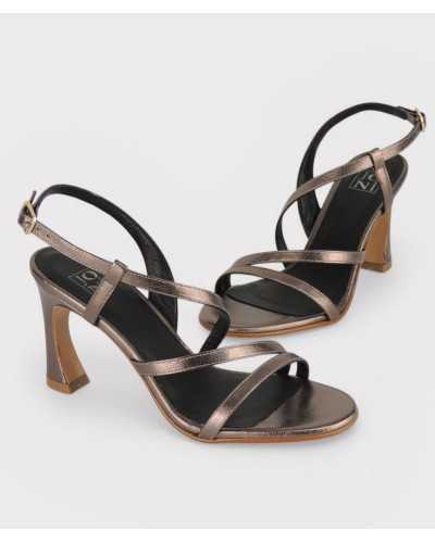 Joni bronze metallic leather strappy sandal wide heel worn on feet model close up