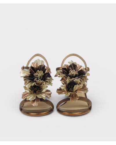 Joni bronze metallic sandal pair front view handcrafted leather flowers