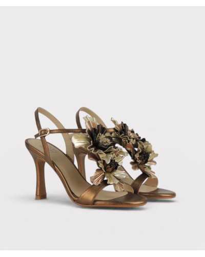 oni bronze metallic heeled sandal pair lateral view handmade leather flowers