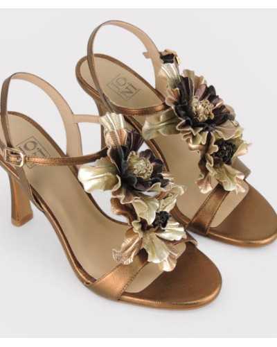 Joni bronze leather heeled sandal pair three quarter front view floral detail