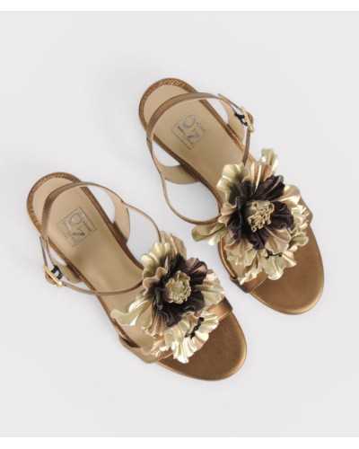 Joni bronze leather sandal top view gel insole leather lining floral applique