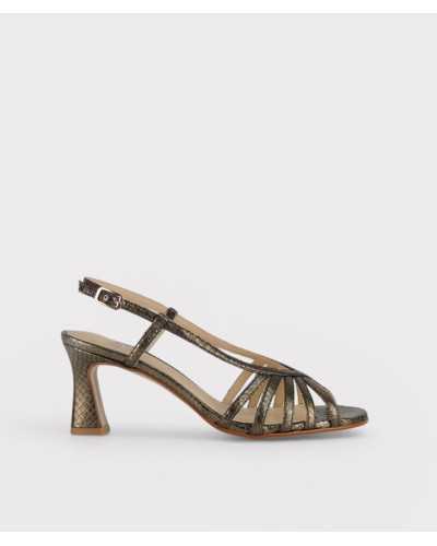 Joni bronze metallic embossed leather strappy sandal side view 6cm block heel