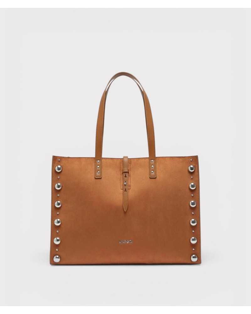 Liu Jo bolso tote marrón Doba vista frontal con tachuelas plateadas y logo metálico