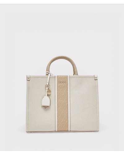 Liu Jo bolso tote beige Ridhi vista frontal con franja jacquard y charm dorado