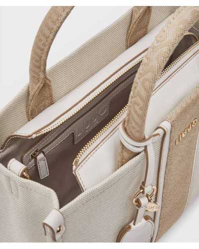 Interior bolso tote beige Liu Jo Ridhi con bolsillo cremallera dorada y forro gris