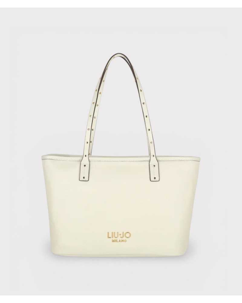 Liu Jo bolso shopper blanco Evrim S vista frontal con logo dorado LIU·JO Milano Liu Jo bolso shopper blanco Evrim S vista frontal con logo dorado LIU·JO Milano