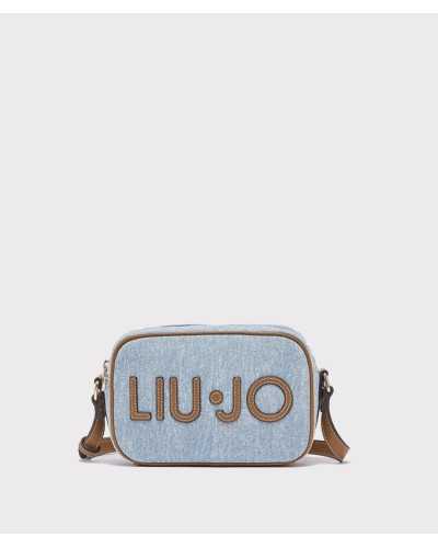 Liu Jo bolso bandolera azul denim Ferielle vista frontal logo LIU·JO en relieve camel