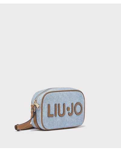 Liu Jo bolso bandolera azul denim Ferielle vista lateral con ribetes camel