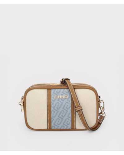 Liu Jo bolso bandolera beige Ridhi camera bag vista frontal franja jacquard azul camel
