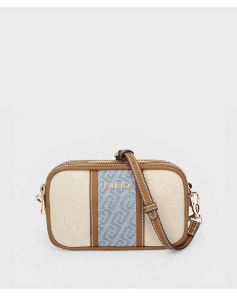 Liu Jo bolso bandolera beige Ridhi camera bag vista frontal franja jacquard azul camel