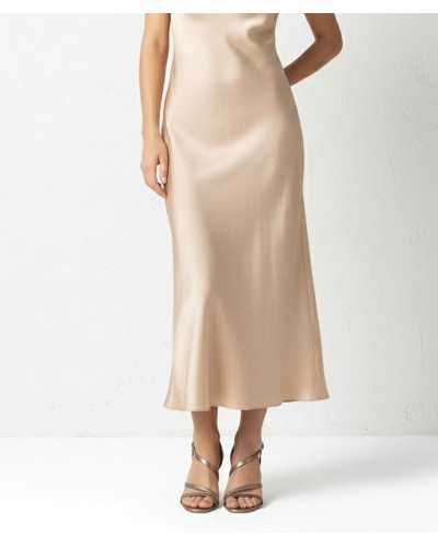 sandalia tiras cruzadas Joni oro viejo metalizado puesta modelo vestido slip champán look noche