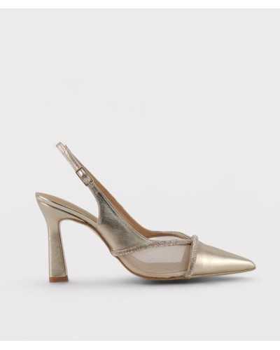 slingback fiesta Ezzio Alhama dorado rosado lateral malla strass tacón trompeta
