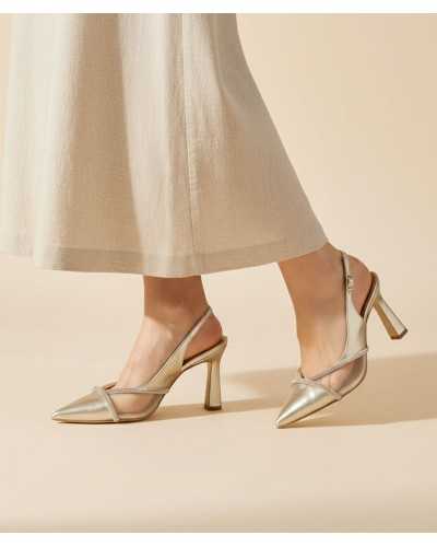 slingback fiesta Ezzio Alhama dorado rosado puesto detalle pie malla strass