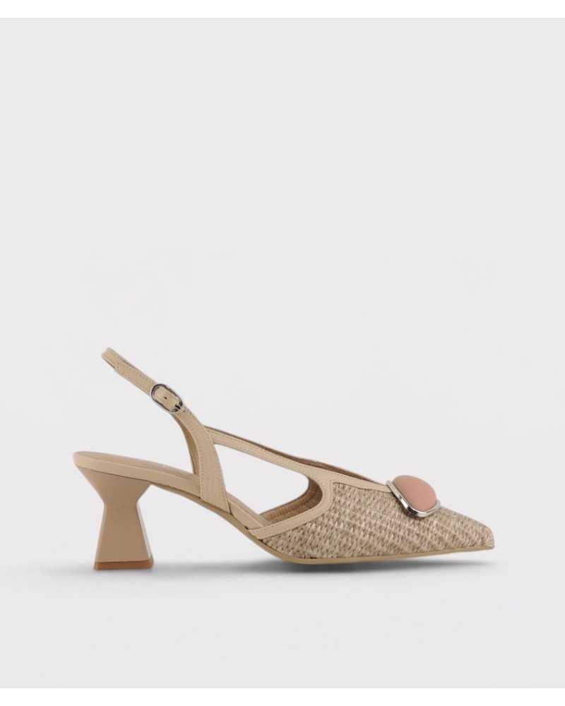 zapatos destalonados Dibia nude esterilla piel adorno oval plateado vista lateral