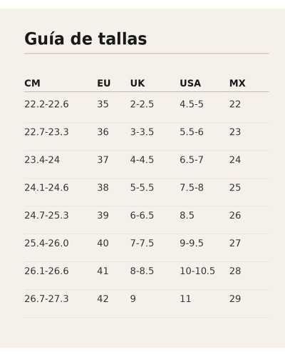 Guía de tallas Hispanitas mujer EU 35 a 42 con equivalencias UK USA y México