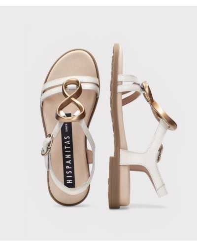 sandalia plana Hispanitas blanca vista superior plantilla microfibra adorno infinito oro bronce