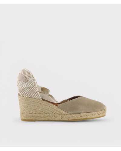 alpargatas de cuña taupe Viguera serraje vista lateral yute