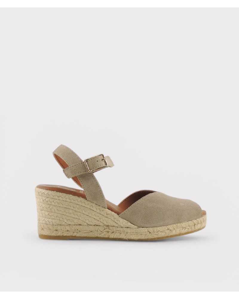 sandalia cuña Viguera taupe serraje hebilla lateral sandalia cuña Viguera taupe serraje hebilla lateral