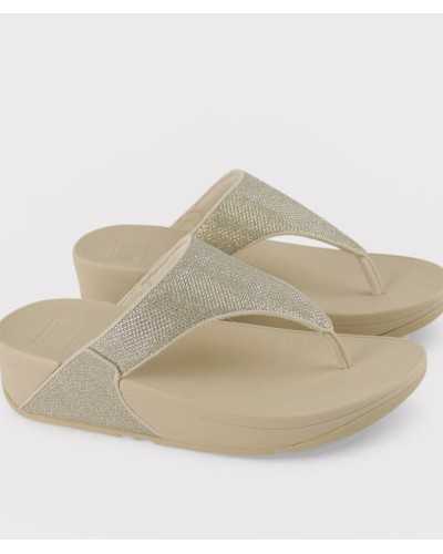 Sandalia FitFlop Lulu Shimmerglitz detalle correa malla lúrex dorada
