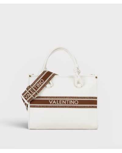 Valentino Bags bolso tote blanco polipiel banda jacquard marrón cremallera dorada vista frontal