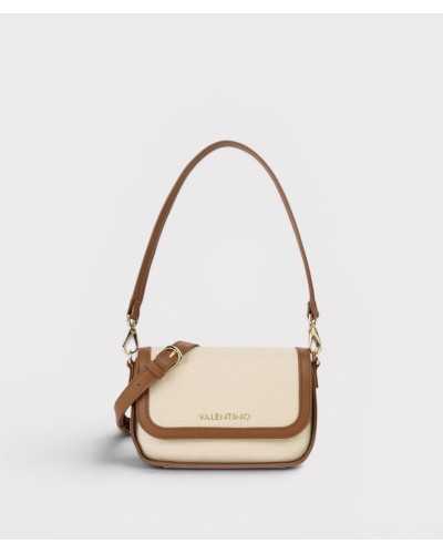 Valentino Bags bolso bandolera beige lona diagonal solapa ribete marrón herrajes dorados vista frontal