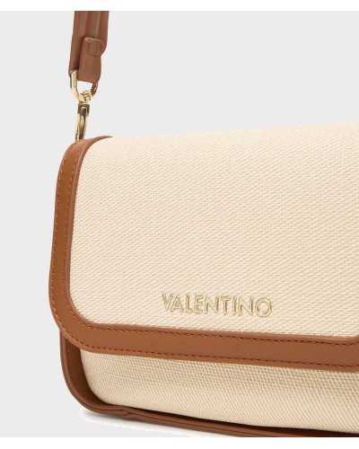 Valentino Bags bolso bandolera beige detalle logo dorado relieve ribete ecopiel marrón cosido