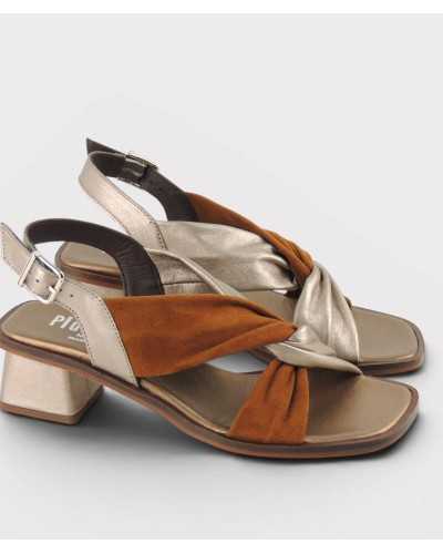 sandalia Plumers brandy bronce tiras anudadas tacón bloque vista lateral elevada