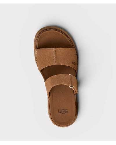 top view flat sandal UGG GoldenGaze double strap chestnut suede