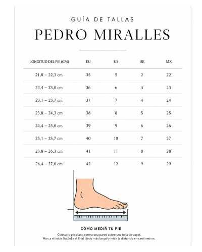Guía de tallas Pedro Miralles mujer con medidas en centímetros y equivalencia EU, US, UK y MX