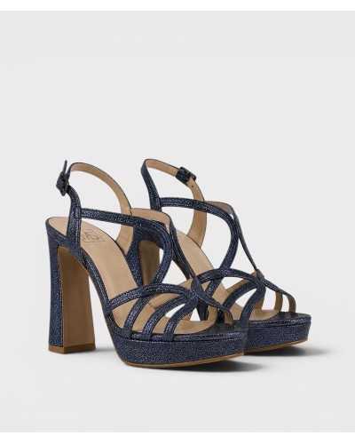 Sandalia Aurora personalizable piel metalizada azul — tacón bloque 11,5 cm — Boston Toledo