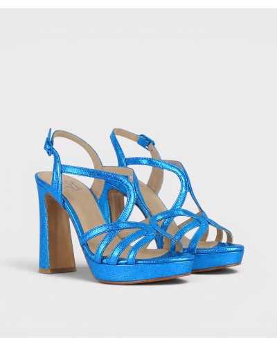 Sandalia Aurora personalizable piel metalizada azul clein — tacón bloque 11,5 cm — Boston Toledo
