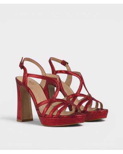 Sandalia Aurora personalizable piel metalizada roja — tacón bloque 11,5 cm — Boston Toledo
