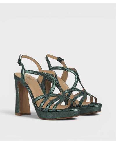 Sandalia Aurora personalizable piel metalizada verde caza— tacón bloque 11,5 cm — Boston Toledo