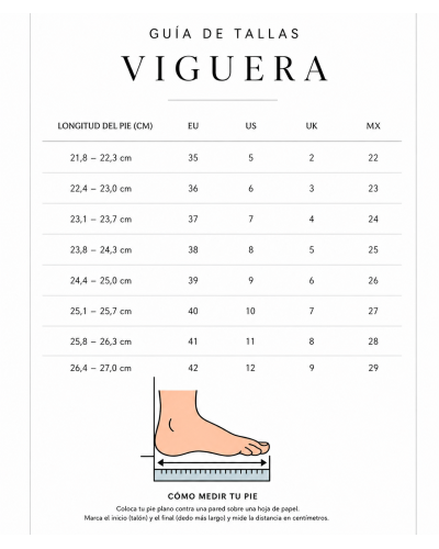 Guía de tallas Viguera para mujer con equivalencias EU, US, UK y medida del pie en centímetros