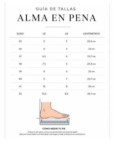 Guía de tallas Alma en Pena para mujer con equivalencia de centímetros, talla europea, UK y US.