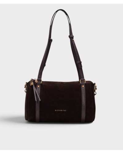 Bolso bowling Hispanitas chocolate de frente, con tiras verticales, asas regulables y herrajes dorados