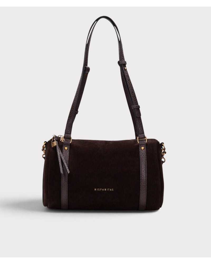 Bolso bowling Hispanitas chocolate de frente, con tiras verticales, asas regulables y herrajes dorados