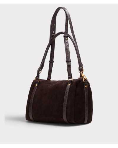 Parte trasera del bolso bowling Hispanitas chocolate, lisa y con las tiras verticales