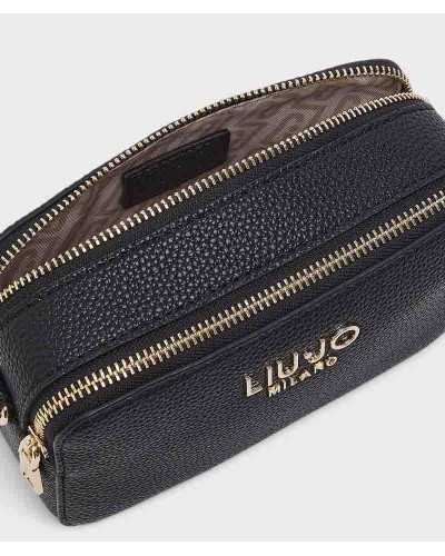 Vista cenital de la camera bag Liu Jo abierta, con dos cremalleras doradas y el forro beige con logo