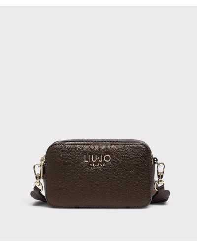 Bandolera camera bag Liu Jo marrón metalizado de frente, con el logo dorado y los mosquetones