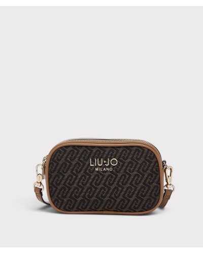 Bandolera camera bag Liu Jo con monograma marrón y negro en tres cuartos, con ribetes camel y logo dorado
