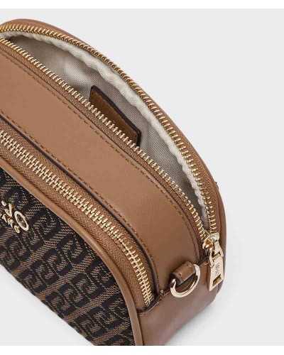 Camera bag Liu Jo abierta desde arriba, con doble cremallera dorada y forro beige