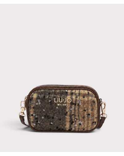 Bandolera camera bag Liu Jo de cuadros marrones con lentejuelas, en tres cuartos, con logo dorado