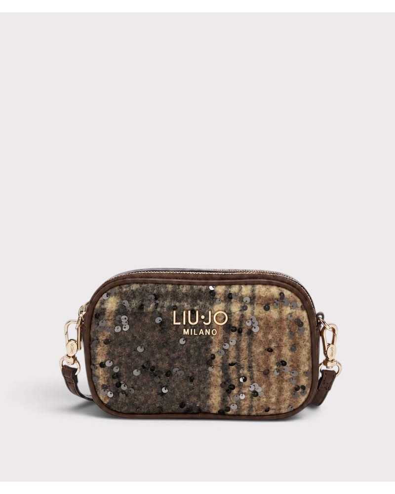 Bandolera camera bag Liu Jo de cuadros marrones con lentejuelas, en tres cuartos, con logo dorado Bandolera camera bag Liu Jo de cuadros marrones con lentejuelas, en tres cuartos, con logo dorado