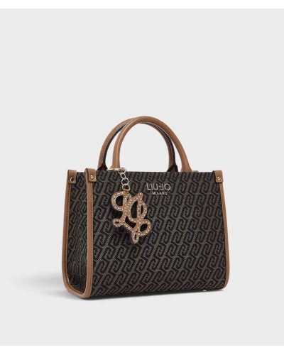 Bolso tote pequeño Liu Jo con monograma marrón y negro en tres cuartos, con asas camel y charm LJ