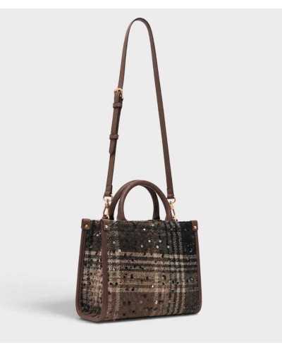 Bolso tote Liu Jo de cuadros colgado de su correa larga marrón regulable