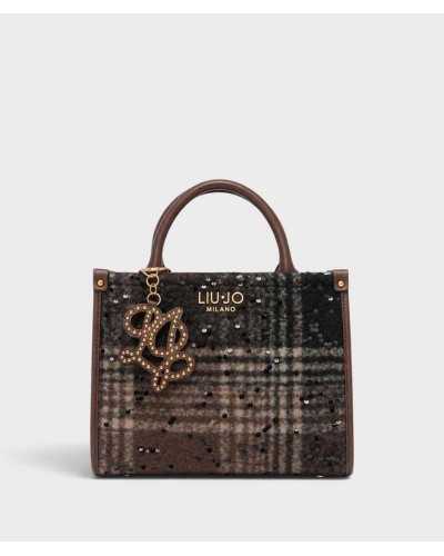 Tote Liu Jo de cuadros con lentejuelas de frente, con logo dorado y charm de tachuelas