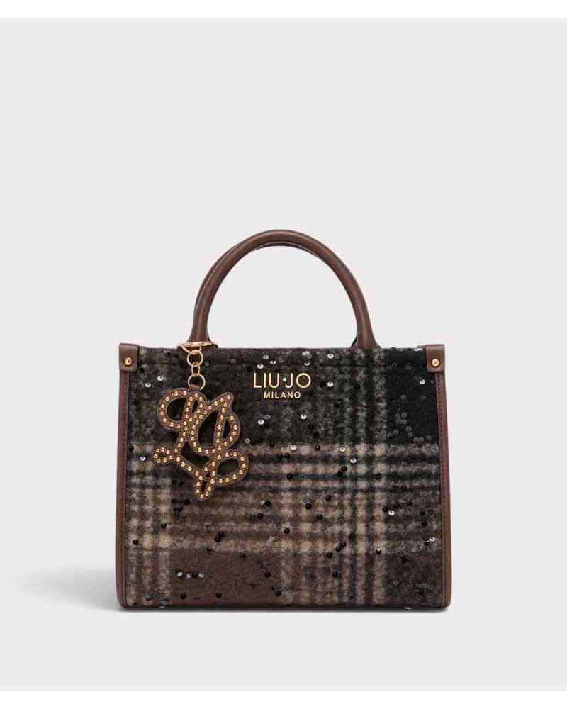 Tote Liu Jo de cuadros con lentejuelas de frente, con logo dorado y charm de tachuelas Tote Liu Jo de cuadros con lentejuelas de frente, con logo dorado y charm de tachuelas