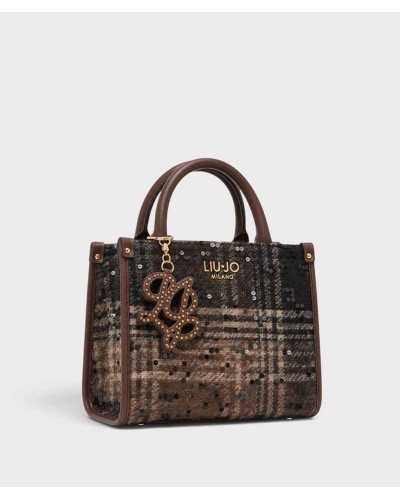 Bolso tote pequeño Liu Jo de tejido de cuadros marrón con lentejuelas en tres cuartos, con asas marrones y charm LJ