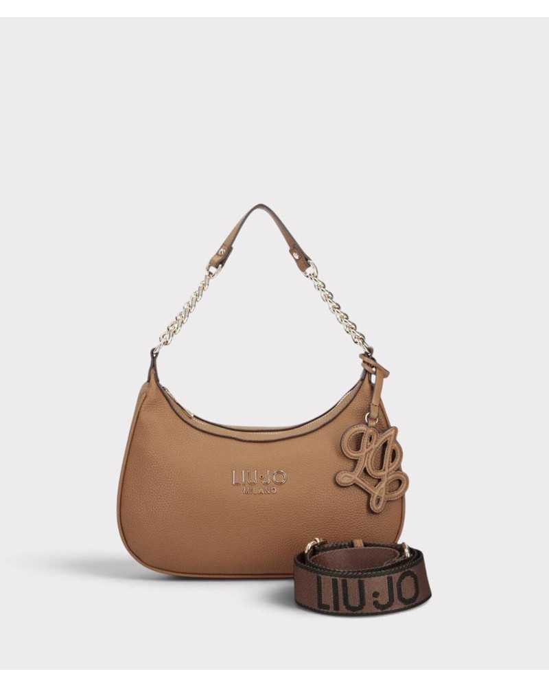 Bolso hobo Liu Jo camel de frente, con logo dorado y la correa ancha marrón con LIU JO en negro